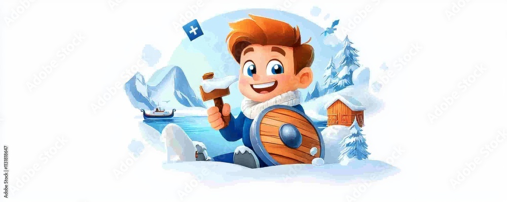 Naklejka premium Happy Viking Boy in Snowy Landscape