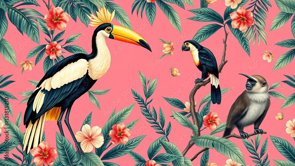 Fototapeta premium Vintage tropical seamless pattern with wild animal crane, parrot, toucan, monkey and floral palm tree on a pink background, creating an exotic jungle wallpaper, toucan, pink background