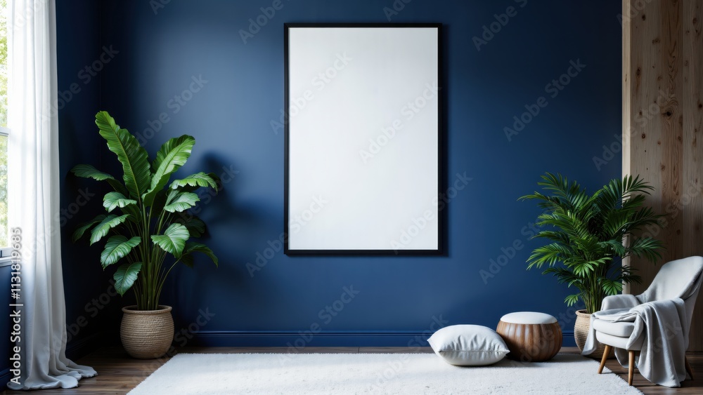 Fototapeta premium Modern Cozy Living Room with Blank Frame Poster Mockup