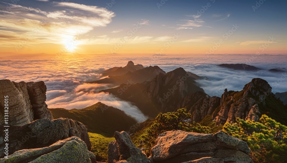 Obraz premium photography of mountain views at sunset with a sea of ​​clouds