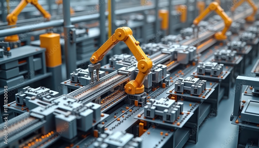 Fototapeta premium Modern factory shows automated assembly line. Robotic arms work on product manufacturing. Products move along conveyor belt. High tech production process. Industrial automation. Futuristic factory.