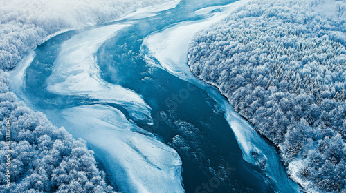 In winter, the road is covered with snow, and the trees on both sides are covered with frost. The road winds and stretches, the air is cold and fresh, the sky is gray and blue, and the scenery is quie photo