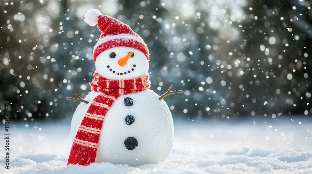 Fototapeta premium Snowman with red scarf in winter
