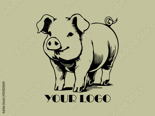 Detailed line art design of a black piglet standing firm. Suitable for farmthemed designs, agriculture publications, and childrens coloring books