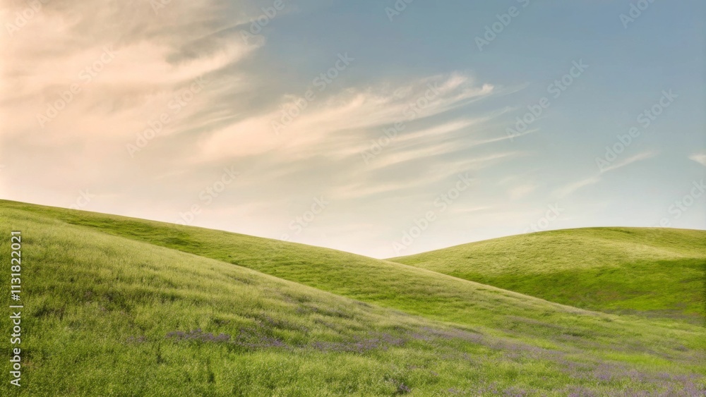 Fototapeta premium Serene rolling hills under a clear sky with subtle wildflowers ideal for nature landscape and tranquility themes.