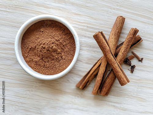 A vibrant display of natural cinnamon sticks and powder showcasing the versatility of this aromatic spice and seasoning used in traditional cooking baking and herbal preparations photo