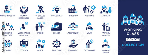 Working icon set. Apprenticeship, human resources, unskilled labor, proletariat, industry, working, artisans, work based learning, strike, wage, helmet.  And solid icon set collection.