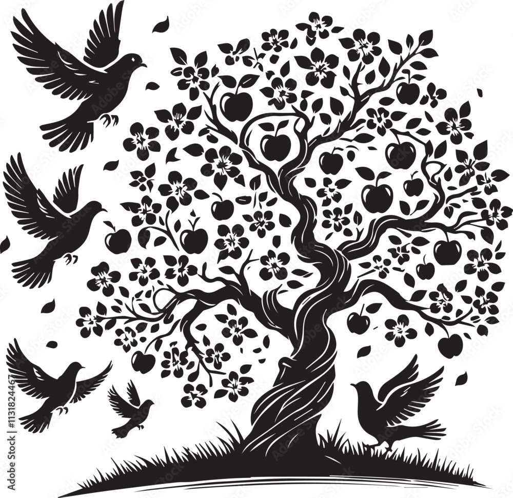 Obraz premium A springtime apple tree with doves flying joyfully vector silhouette