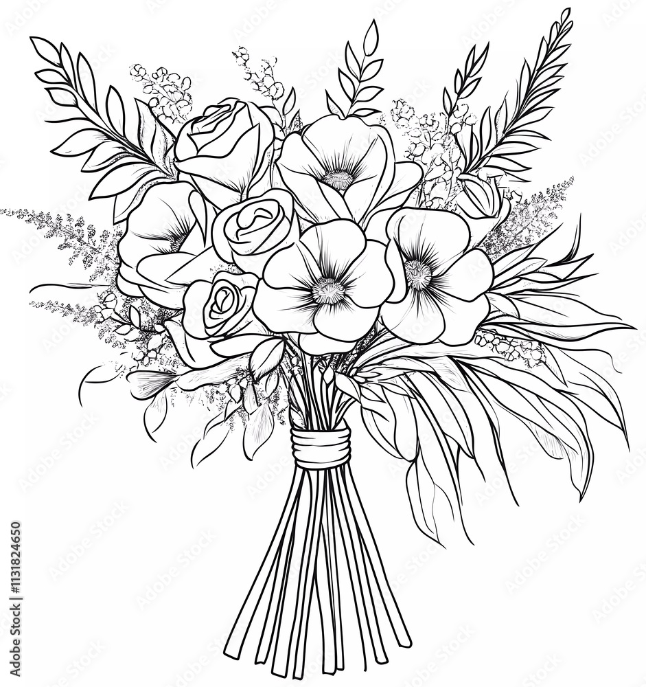 Coloring page with black and white line art, thick vector lines, and a cartoon-style wedding bouquet of flowers with greenery