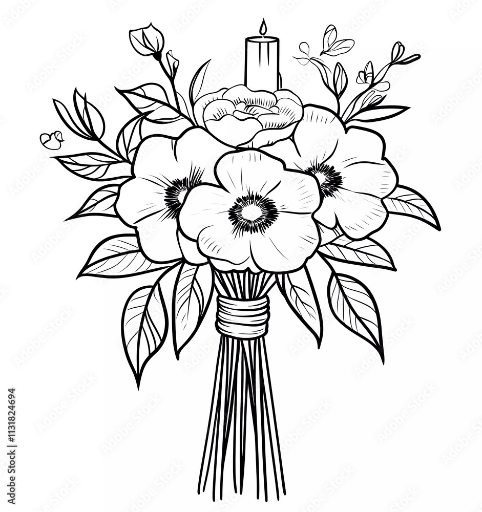 Coloring page with black and white line art, thick vector lines in a cartoon style. A wedding bouquet of flowers with a candle, isolated on a pure, solid, clean background.