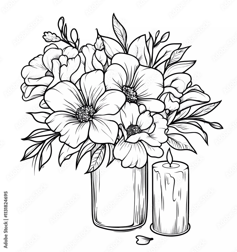 Coloring page with black and white line art, thick vector lines in a cartoon style. A wedding bouquet of flowers with a candle, isolated on a pure, solid, clean background.