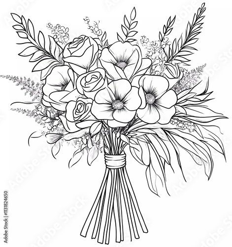 Obraz na płótnie Coloring page with black and white line art, thick vector lines, and a cartoon-style wedding bouquet of flowers with greenery w salonie