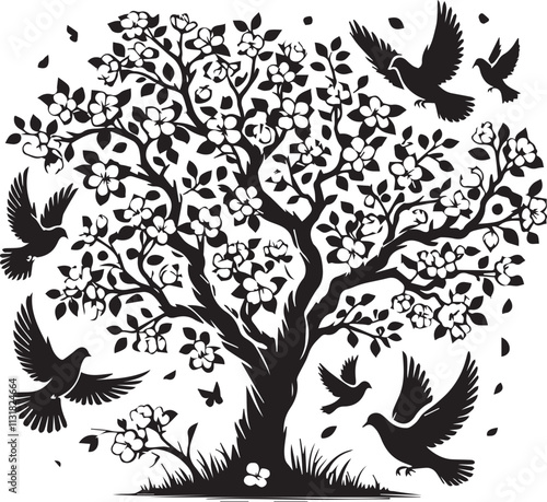 A springtime apple tree with doves flying joyfully vector silhouette