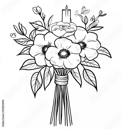 Obraz na płótnie Coloring page with black and white line art, thick vector lines in a cartoon style. A wedding bouquet of flowers with a candle, isolated on a pure, solid, clean background. w salonie