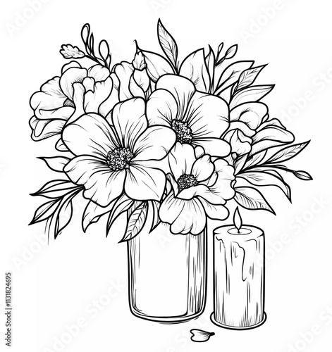 Obraz na płótnie Coloring page with black and white line art, thick vector lines in a cartoon style. A wedding bouquet of flowers with a candle, isolated on a pure, solid, clean background. w salonie