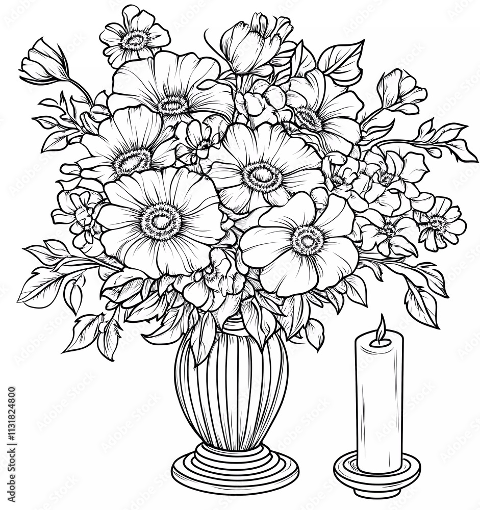 Coloring page with black and white line art, thick vector lines in a cartoon style. A wedding bouquet of flowers with a candle, isolated on a pure, solid, clean background.