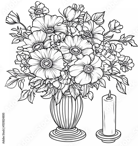 Obraz na płótnie Coloring page with black and white line art, thick vector lines in a cartoon style. A wedding bouquet of flowers with a candle, isolated on a pure, solid, clean background. w salonie