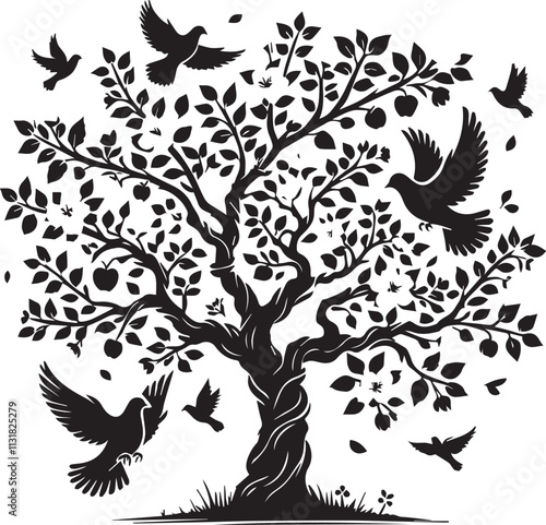 A springtime apple tree with doves flying joyfully vector silhouette