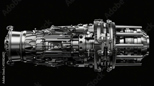 Sleek, metallic turbofan engine, detailed 3D rendering, black background.