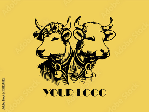 Two black bulls face each other on yellow background. Perfect for farm animal concept, agricultural marketing materials, or ranching industry designs