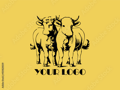 Two black bulls face each other on yellow background. Perfect for farm animal concept, agricultural marketing materials, or ranching industry designs