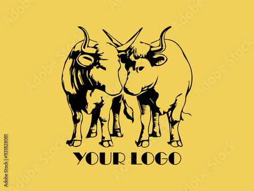 Two black bulls face each other on yellow background. Perfect for farm animal concept, agricultural marketing materials, or ranching industry designs
