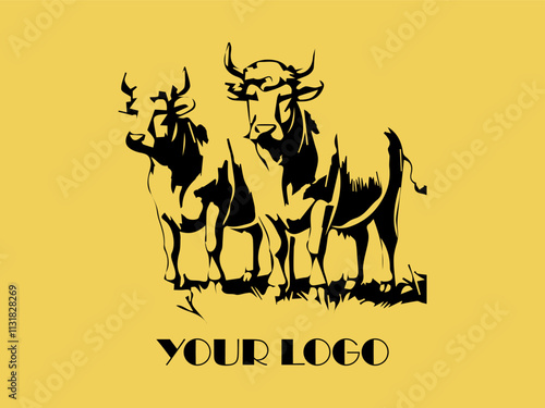 Two black bulls face each other on yellow background. Perfect for farm animal concept, agricultural marketing materials, or ranching industry designs