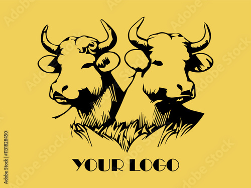 Two black bulls face each other on yellow background. Perfect for farm animal concept, agricultural marketing materials, or ranching industry designs