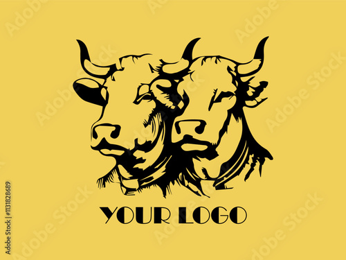 Two black bulls face each other on yellow background. Perfect for farm animal concept, agricultural marketing materials, or ranching industry designs