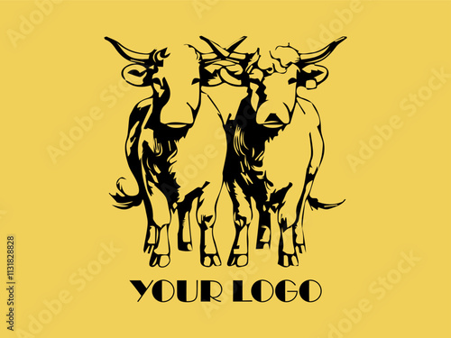 Two black bulls face each other on yellow background. Perfect for farm animal concept, agricultural marketing materials, or ranching industry designs