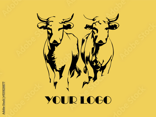 Two black bulls face each other on yellow background. Perfect for farm animal concept, agricultural marketing materials, or ranching industry designs