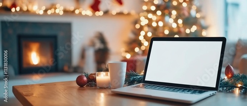 Wallpaper Mural Cozy holiday workspace with a laptop, candle, and Christmas tree. Torontodigital.ca