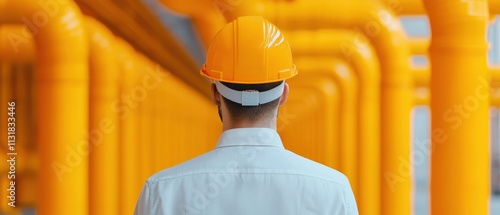 A worker in a safety helmet stands before a network of bright yellow pipes, emphasizing industrial safety and infrastructure. photo