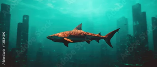 Panel kuchenny z motywem A shark swims gracefully through an underwater city, surrounded by ethereal blue waters and towering structures, creating a captivating and surreal scene.