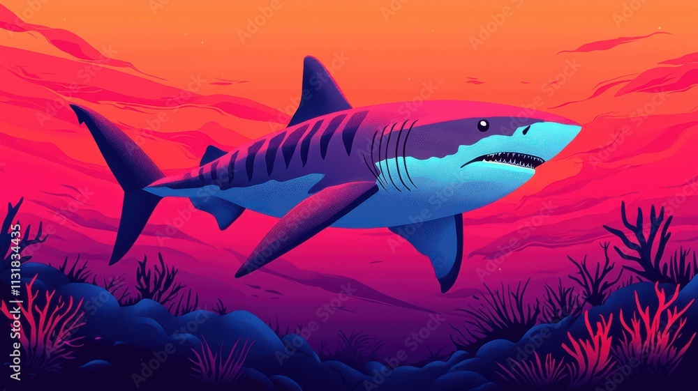 Obraz premium A vibrant illustration of a shark swimming through colorful underwater scenery with coral and a sunset backdrop.