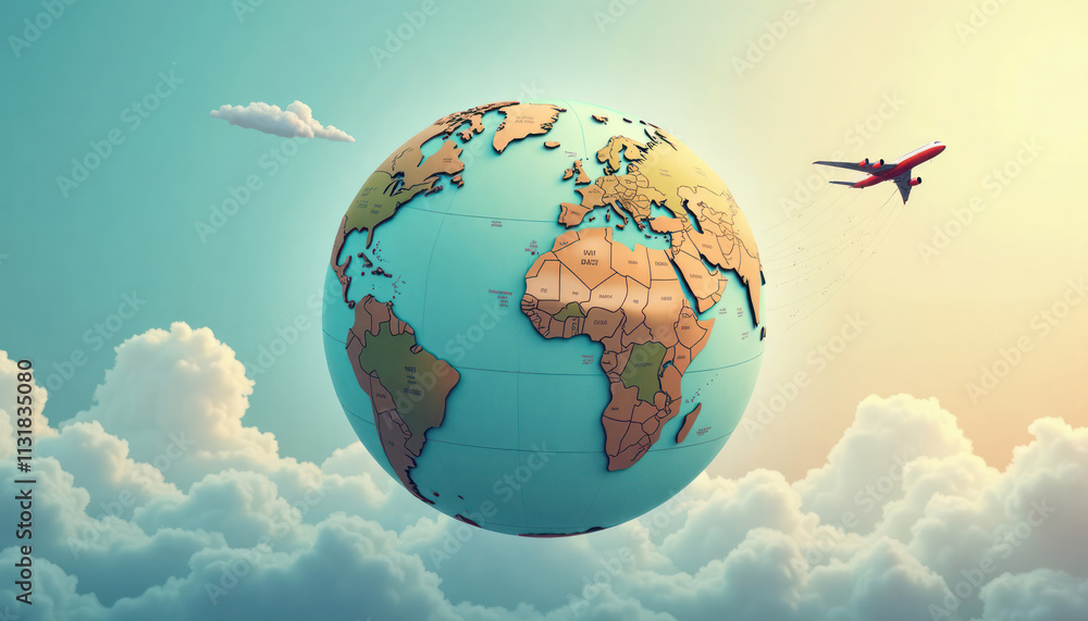 Fototapeta premium Globe rotates gently airplane departs leaving trail. Global exploration wanderlust. World map. Travel concept. Airplane flying above clouds. Sky background. Earth spinning. Air travel. Scenic view.