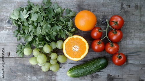 Fresh Produce Arranged On A Rustic Wooden Surface photo