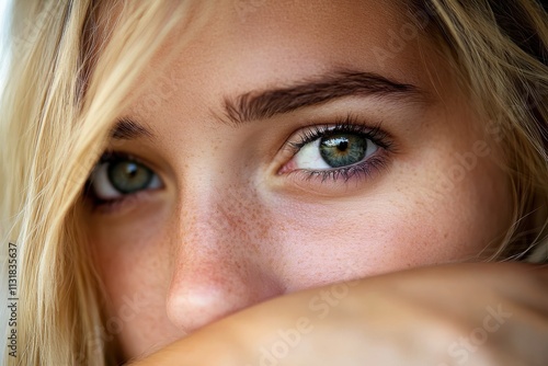 Close-up of expressive eyes, radiating a natural beauty and depth, capturing a thoughtful and serene presence through intricate details and emotions. photo