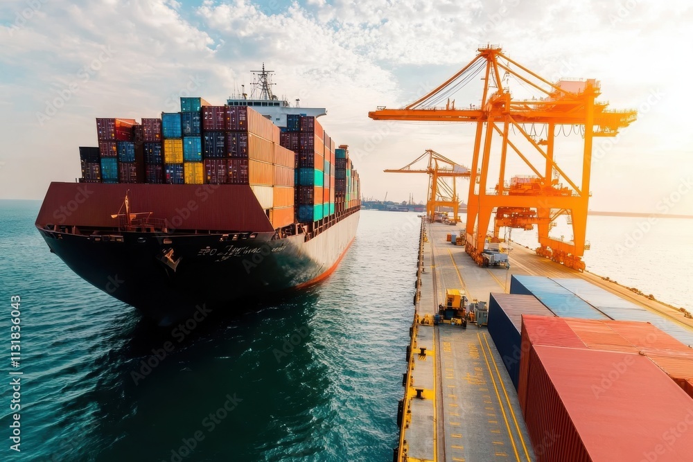Fototapeta premium A large container ship loaded with colorful shipping containers is docked at a bustling port, with towering cranes ready for loading and unloading operations.