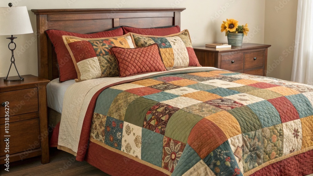 Obraz premium A vibrant patchwork quilt adorns the bed enhancing a sense of warmth and comfort with matching pillows that pop against the neutral backdrop inviting restful slumber after a day