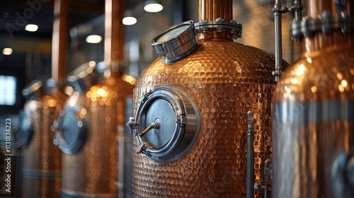 Copper distillery stills in a row. photo