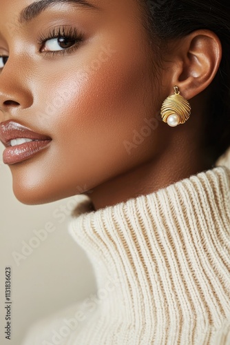 A stylish woman's face capturing elegant gold earrings, delicate features, smooth skin, with an intricate cream knit sweater as a fashion statement. photo