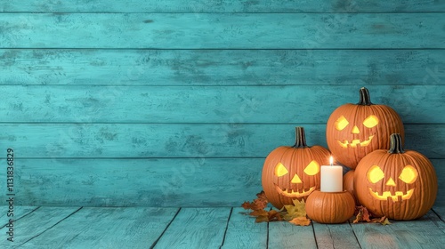 Halloween Jack o  lanterns  Autumn Leaves  Teal Wood Background photo