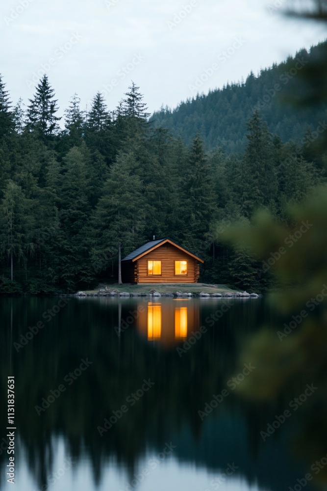 Obraz premium Secluded cabin on a tranquil lake at dusk, reflecting lights in still water, surrounded by dense forest.