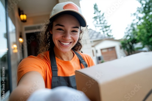 A friendly delivery woman wearing a cap and orange shirt holds a box at the customer's doorstep, embodying efficient and welcoming delivery services. photo