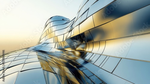 Fototapeta Naklejka Na Ścianę i Meble -  Abstract metallic architecture, dynamic curves, reflective surfaces, sunset light.