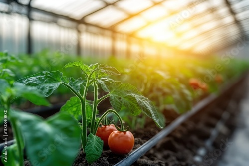 Immature tomatoes are starting to ripen under nurturing conditions in a sunny greenhouse, illustrating the early stages of a fruitful harvest season ahead in controlled environments. photo