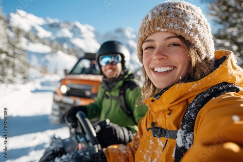 A group of friends embarked on an adventure through snow-draped landscapes, capturing the essence of camaraderie and thrill on a stunning winter road trip. photo