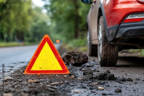 A red warning triangle is placed near a parked red car on a forest road surrounded by uneven terrain and soil, indicating ongoing construction work. photo