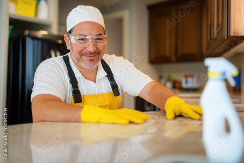 A cheerful professional cleaner in overalls enthusiastically cleans a kitchen counter, demonstrating meticulous work ethic and a commitment to cleanliness and hygiene. photo